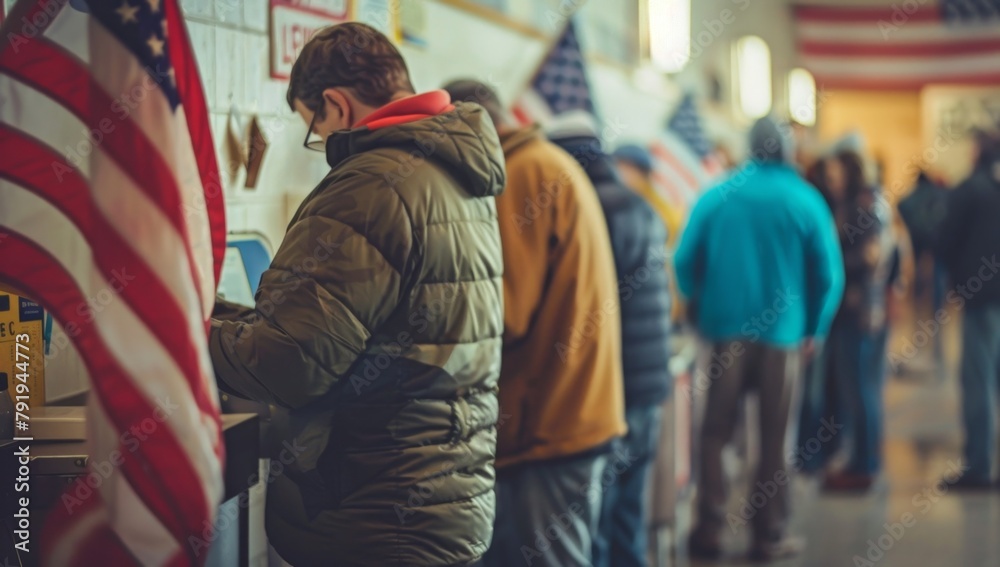 Wall mural People casting their candidature at the U.S. police station ballot booth, with American flags in the background People wearing winter jackets and jeans Generative AI - Wall murals