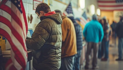 People casting their candidature at the U.S. police station ballot booth, with American flags in the background People wearing winter jackets and jeans Generative AI