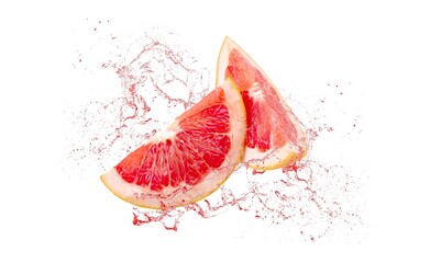 Red fresh ripe grapefruit with juice splash - obrazy, fototapety, plakaty