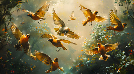Gusts of Flight: Oil Painting Depicting Birds Spread Against Forest Backdrop