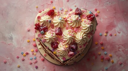 Heart-shaped cake with cream and raspberries on pink background