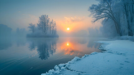 Naklejka premium A winter sunrise over a frozen lake, using long exposure to capture the gradual light change and the icy surface detail