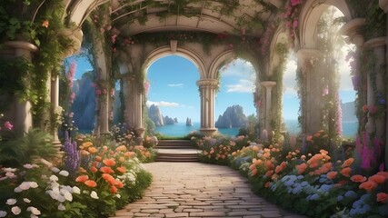  A photorealistic depiction of an enchanted fairytale garden with secret pathways under flower arches, vibrant greenery, and a digital backdrop of magical beauty. The image should capture the realisti