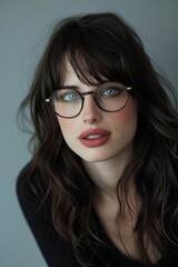 A very beautiful woman, 26 years old, with long, wavy, dark hair, wears thick nerdy glasses,