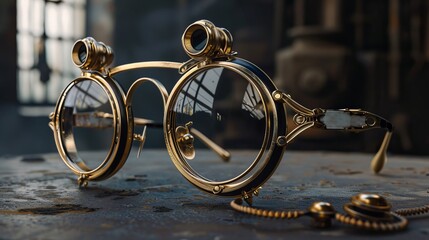 a pair of glasses in the neo-traditional Japanese style, featuring gold and black frames, jump cuts, emphasize connections and joints, kimoicore, practical items, sandalpunk, and high angle - obrazy, fototapety, plakaty