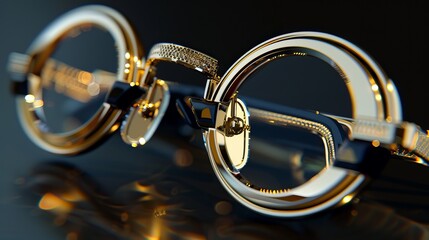 a pair of glasses in the neo-traditional Japanese style, featuring gold and black frames, jump cuts, emphasize connections and joints, kimoicore, practical items, sandalpunk, and high angle - obrazy, fototapety, plakaty