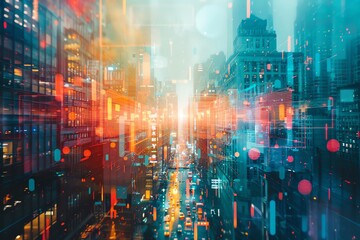 Explore a cityscape from a tilted perspective, showcasing futuristic AI technology intertwined with urban elements Vibrant colors pop in a surreal scene of innovation