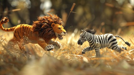 Obraz premium A lion and zebra playing in the grass with a tree behind them, AI