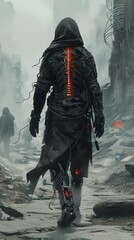 Illustrate a futuristic nomad walking away, showcasing their bio-mechanical spine through shredded, post-apocalyptic attire Utilize digital painting to blend eerie shadows and UV light for a haunting,