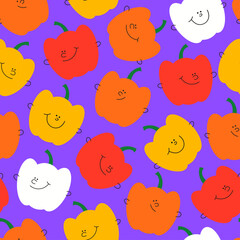 Seamless pattern with a variety of colorful vegetables. Cheerful pepper with a smiling face.  Multicolor rainbow cartoon characters in funny children doodle style.