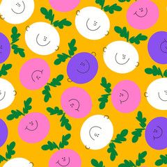Seamless pattern with a variety of colorful vegetables. Cheerful beetroot with a smiling face. Multicolor rainbow cartoon characters in funny children doodle style.