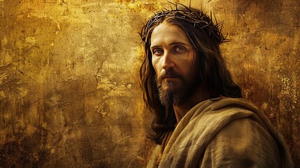 portrait of Jesus Christ with thorn crown on golden background, copy space