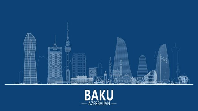 Baku architecture line skyline Blue background 4k 