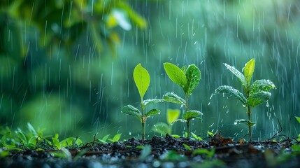 save the green planet, small plants growing from dirt, soft rain coming down  