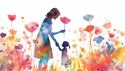 Aquarelle silhouette of mother and daughter