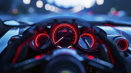 Speedometer on screen of sports car