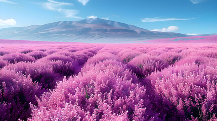 An expansive lavender field with a clear blue sky, captured in high dynamic range to enhance the...