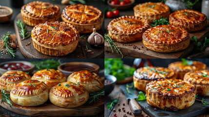 Illustration of homemade food, homemade pie with chicken and potatoes on a wooden table, in a rustic style, with spices, an unusual picture.