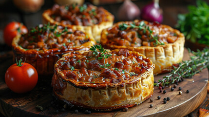 Illustration of homemade food, homemade pie with chicken and potatoes on a wooden table, in a rustic style, with spices, an unusual picture.