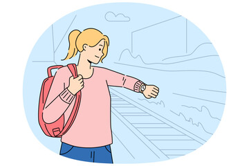 Anxious woman stand on platform on railway station check time on wristwatch. Worried girl look at watch on hand frustrated with train late. Commuting and transportation. Vector illustration.