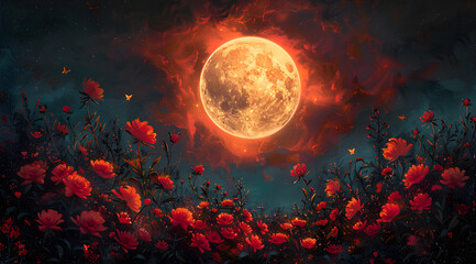 Eclipse Radiance: Artistic Oil Painting of Lunar Eclipse and Glowing Garden - obrazy, fototapety, plakaty