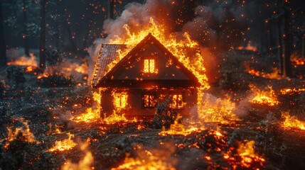 House on fire, insurance coverage for fires. - obrazy, fototapety, plakaty