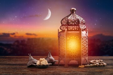 Colorful beautiful Ramadan lantern at Crescent moon background