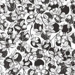 Berry seamless pattern. Vector. Black and white. Perfect for design templates, wallpaper, wrapping, fabric, print and textile.