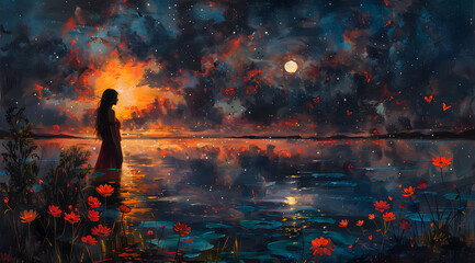 Reflective Tranquility: Oil Painting Capturing Night Sky and Floral Reflections in Water