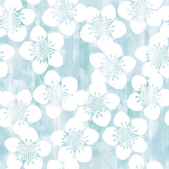 White flowers on blue watercolor. Hand drawn vector seamless pattern. Abstract floral background. Perfect for design templates, wallpaper, wrapping, print, fabric and textile.