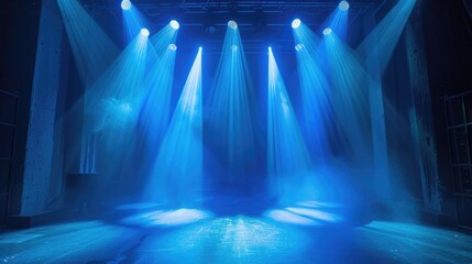 Concert Stage with Blue Spotlight Effects - obrazy, fototapety, plakaty