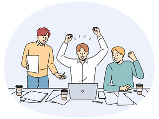Smiling male employees work on laptop celebrate online win in office. Happy colleagues triumph with work achievement or success. Vector illustration.