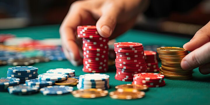Close-up shot captures a player's chips in a casino being deftly handled by a roulette croupier.