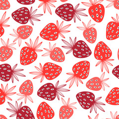 Strawberry seamless pattern. Vector cartoon illustration on white. Hand drawn.  Perfect for wallpaper, wrapping, fabric and textile, menu decoration, invitation, card, tile, print.
