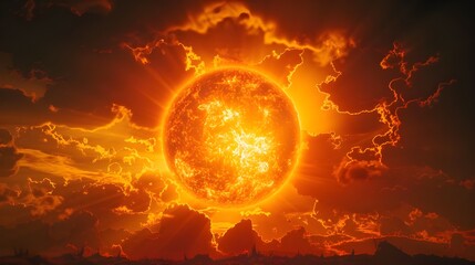 a big sun surface with solar flares and copy space on black background, global warming concept. Abstract scientific in universe background Ai generated 