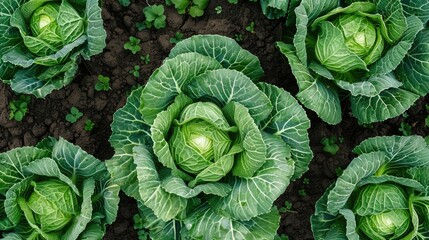 Top View of Fresh Cabbage in the Field