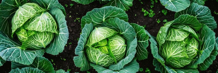 Lush Green Cabbages with Water Droplets in Garden