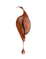 Roasted coffee bean in a splash with dripping drop close up isolated on a white background