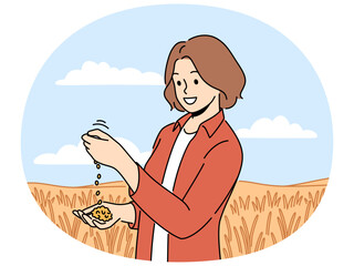 Female farmer inspect crop in agriculture field. Agronomist look at harvest soybeans in plantation. Farming and agronomy. Vector illustration.