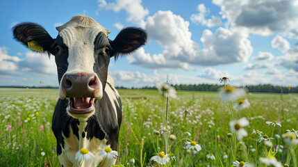 Funny black and white cow looks at the camera and laughs on a green meadow under a blue sky
