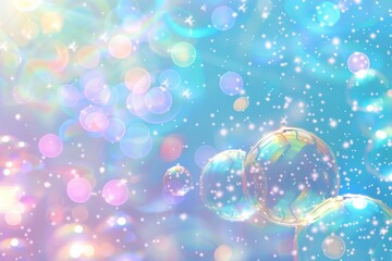 Soft, pastel colored clouds and shiny rainbow-colored soap bubbles dancing in summer, sunny sky. Iridescent translucent balls wallpaper.