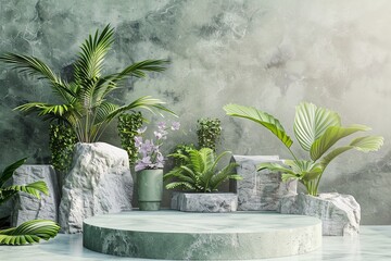 A 3D rendered view with a summer backdrop in a stone podium. Generative Ai