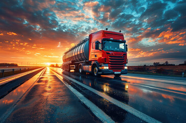 Modern fuel truck with a large tank on a wide road at sunset