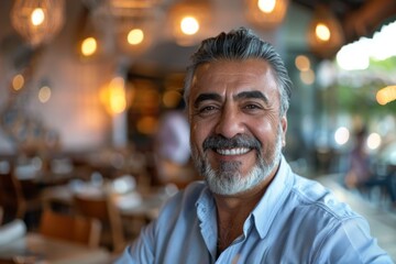 A content and well-groomed mature man is smiling at the camera while sitting in a nicely lit restaurant
