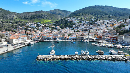 Aerial drone photo of picturesque and historic main village of Hydra or Ydra island well know for...