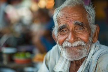 A warm smile from an elderly man with a white beard evokes a sense of joy and friendliness