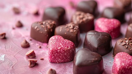 Obraz na płótnie Canvas Chocolate hearts on pink background, closeup.