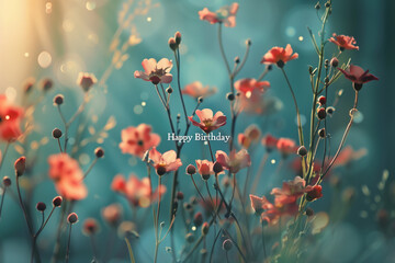 enchanting photo with text "Happy Birthday" on a postcard set against a minimalistic blurry background of flowers, adding a touch of elegance and warmth to the birthday greeting.