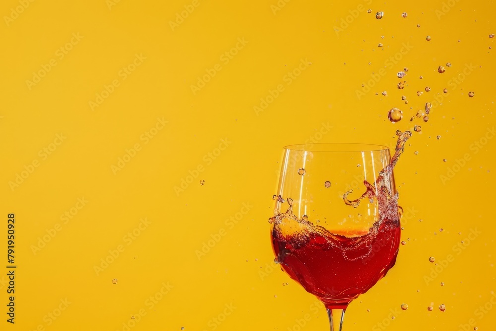 Poster A dynamic capture of wine splashing out of a glass with a vibrant yellow background emphasizing movement and celebration