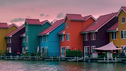 Traditional Dutch architecture of old houses and pier in historical center of Groningen, the Netherlands August 20, 2023. High quality 4k footage